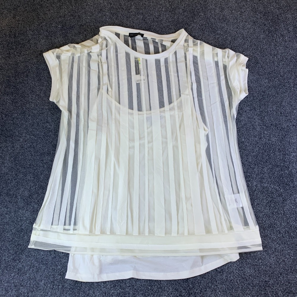 Metaphor Blouse Women Large Light Yellow NEW Striped Sheer Mesh Short Sleeve Top